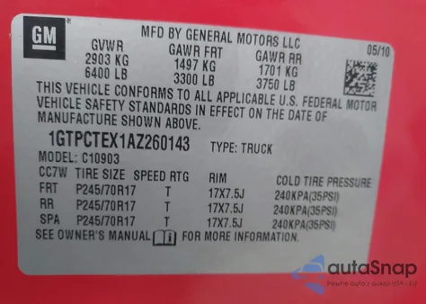2010 GMC Sierra 1500 Work Truck z USA, uszkodzony, nr VIN 1GTPCTEX1AZ260143